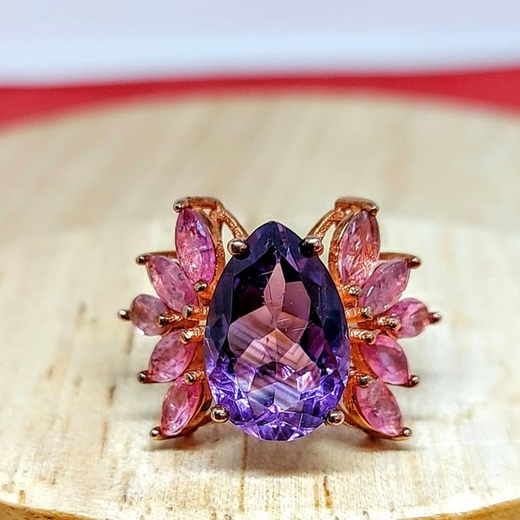 Natural Amethyst & Tourmaline Rose Gold on Sterling Silver Earrings & Ring 7.5 - Picture 11 of 15